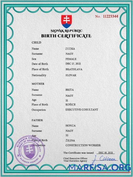 Downloadable Slovakia birth certificate PSD template